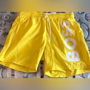 HUGO BOSS Mens Medium  Logo-Print Beachwear YELLOW SWIM TRUNKS BATHING SUIT